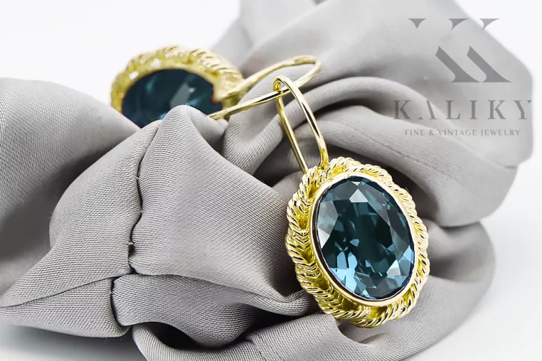 Or jaune 8 carats 333 Aquamarine des boucles d'oreilles vec007x-aq Russe Soviétique URSS Artisanat vintage Art Deco style